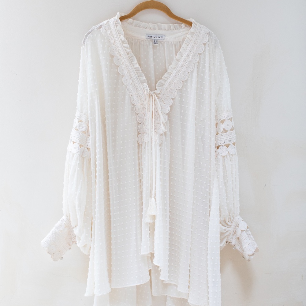 Shona Joy Cream Swiss Dot Lace Trim Tie Neck Blouse